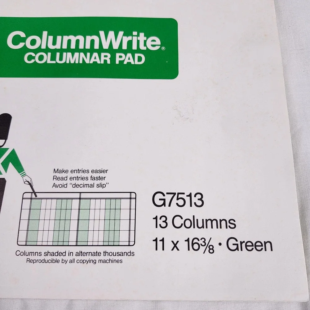 Wilson Jones ColumnWrite Columnar Pad G7513 11x16.375 Green 13 Columns Unused